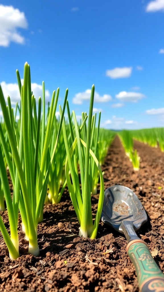 Rows of green onion shoots in a sunny garden bed with a gardening trowel.